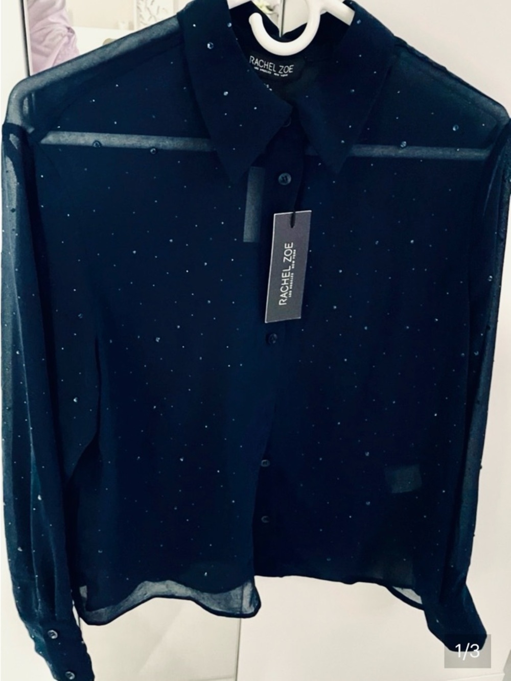 Rachel Zoe Navy Sheer Button-Up Blouse Blue shiny Dots Detail NWT S